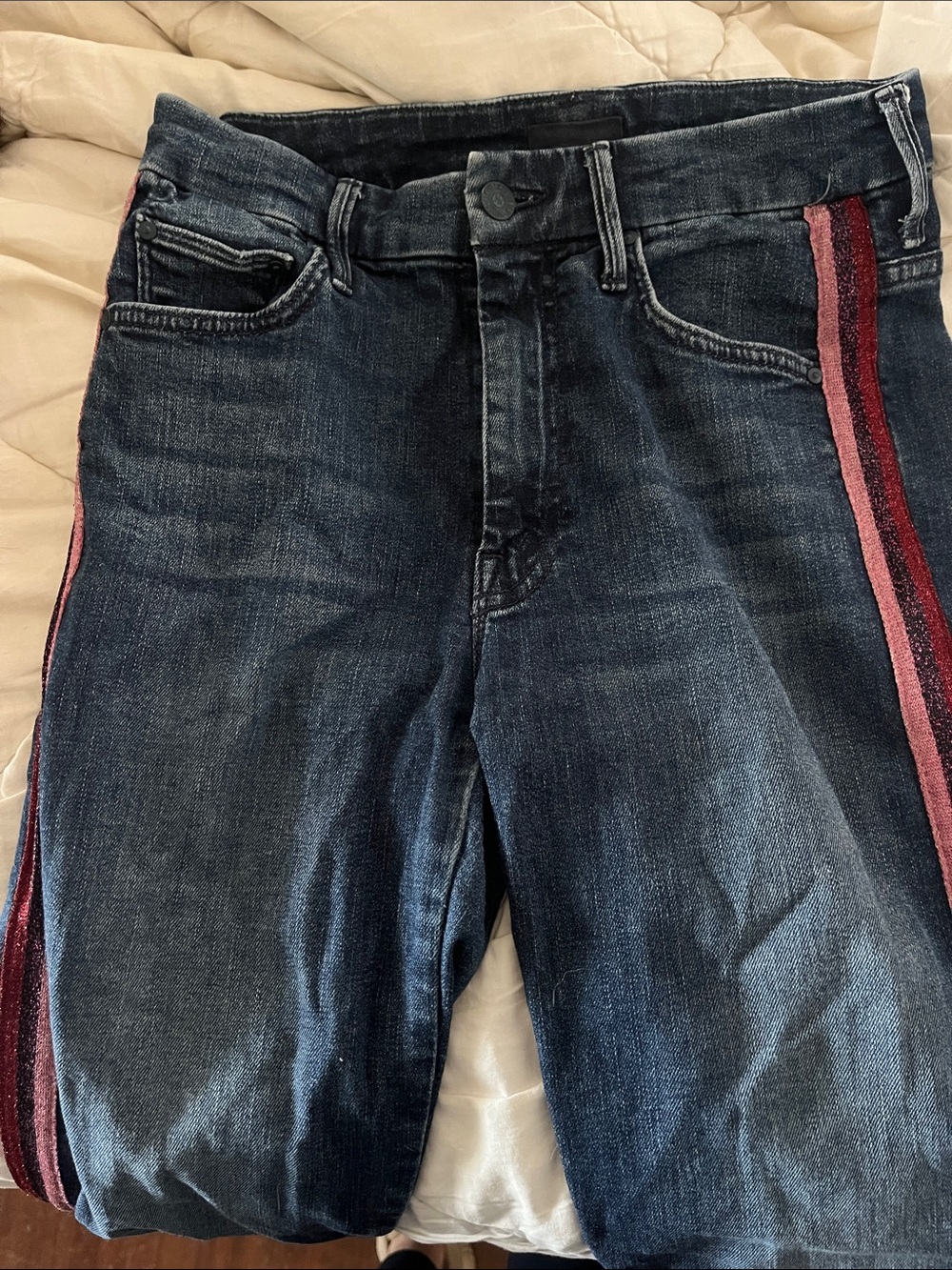 MOTHER Men's Dark Blue Jeans with Pink & Red Side Stripes